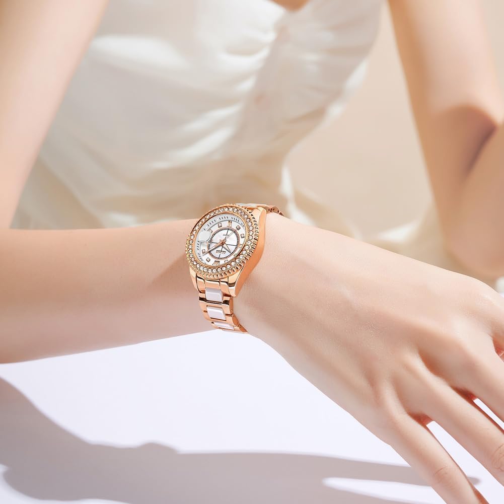 OLEVS Damen-Armbanduhr, goldfarben, Diamanten, Wolframstahl, luxuriös, klassisch, wasserdicht, Datumsanzeige, Geschenk 3685: Roségold