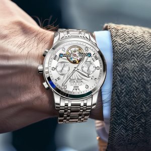 OLEVS Herrenuhren Automatik Mechanische Armbanduhr mit Tourbillon Kalender Wasserdicht Leuchtende Uhren Männer 7088 Alle Silber