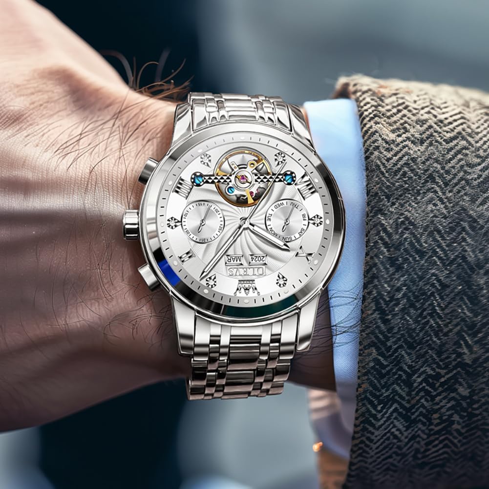 OLEVS Herrenuhren Automatik Mechanische Armbanduhr mit Tourbillon Kalender Wasserdicht Leuchtende Uhren Männer 7088 Alle Silber