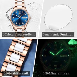 OLEVS Damen Automatikuhr Diamant Lünette modisch wasserdicht Kalender zweifarbig, Edelstahl Keramik Armband 6637: Silber Gold/Blau