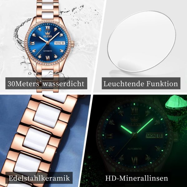 OLEVS Damen Automatikuhr Diamant Lünette modisch wasserdicht Kalender zweifarbig, Edelstahl Keramik Armband 6637: Silber Gold/Blau