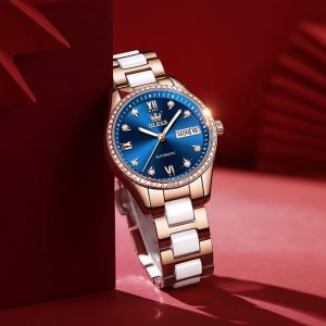 OLEVS Damen Automatikuhr Diamant Lünette modisch wasserdicht Kalender zweifarbig, Edelstahl Keramik Armband 6637: Silber Gold/Blau
