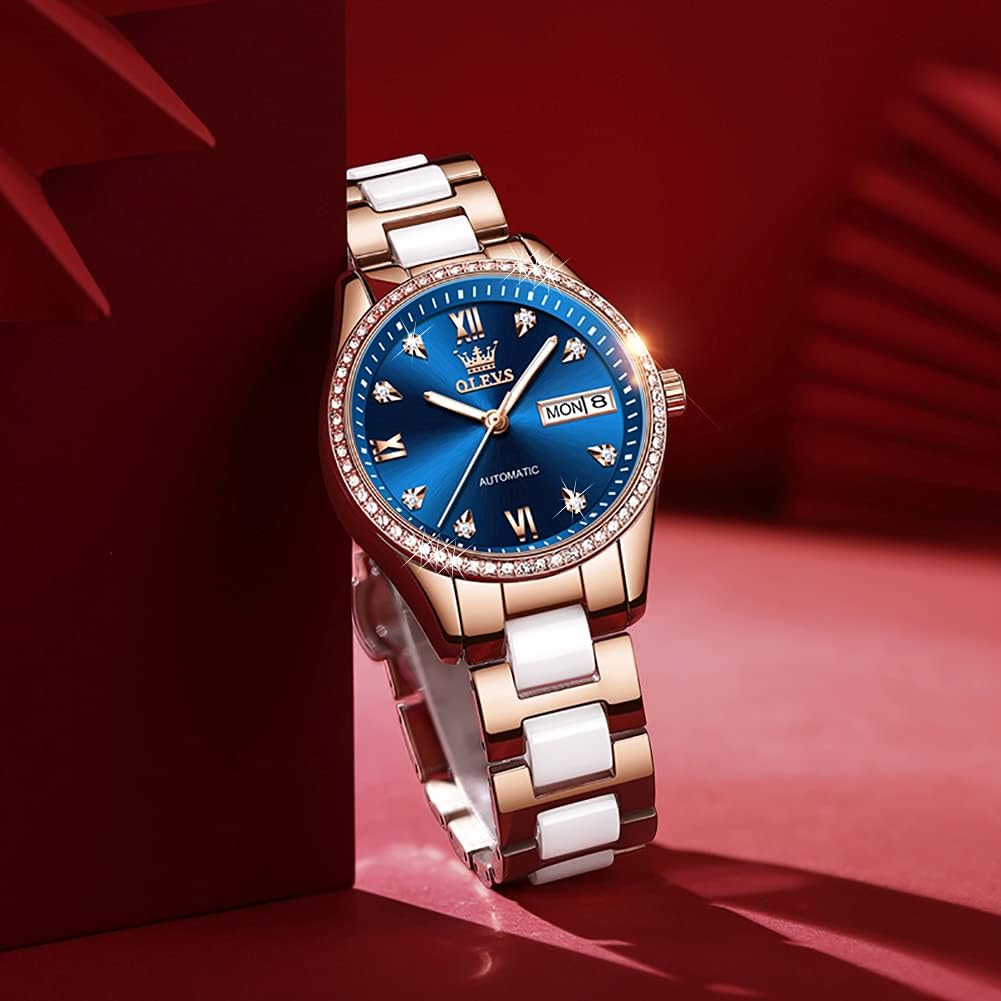 OLEVS Damen Automatikuhr Diamant Lünette modisch wasserdicht Kalender zweifarbig, Edelstahl Keramik Armband 6637: Silber Gold/Blau