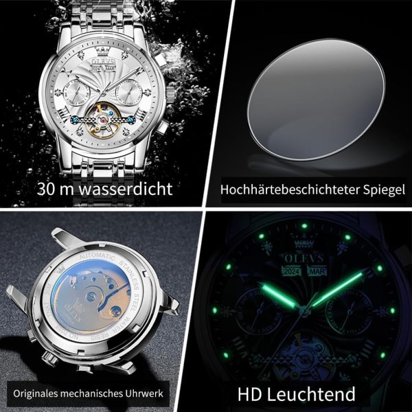 OLEVS Herrenuhren Automatik Mechanische Armbanduhr mit Tourbillon Kalender Wasserdicht Leuchtende Uhren Männer 7088 Alle Silber
