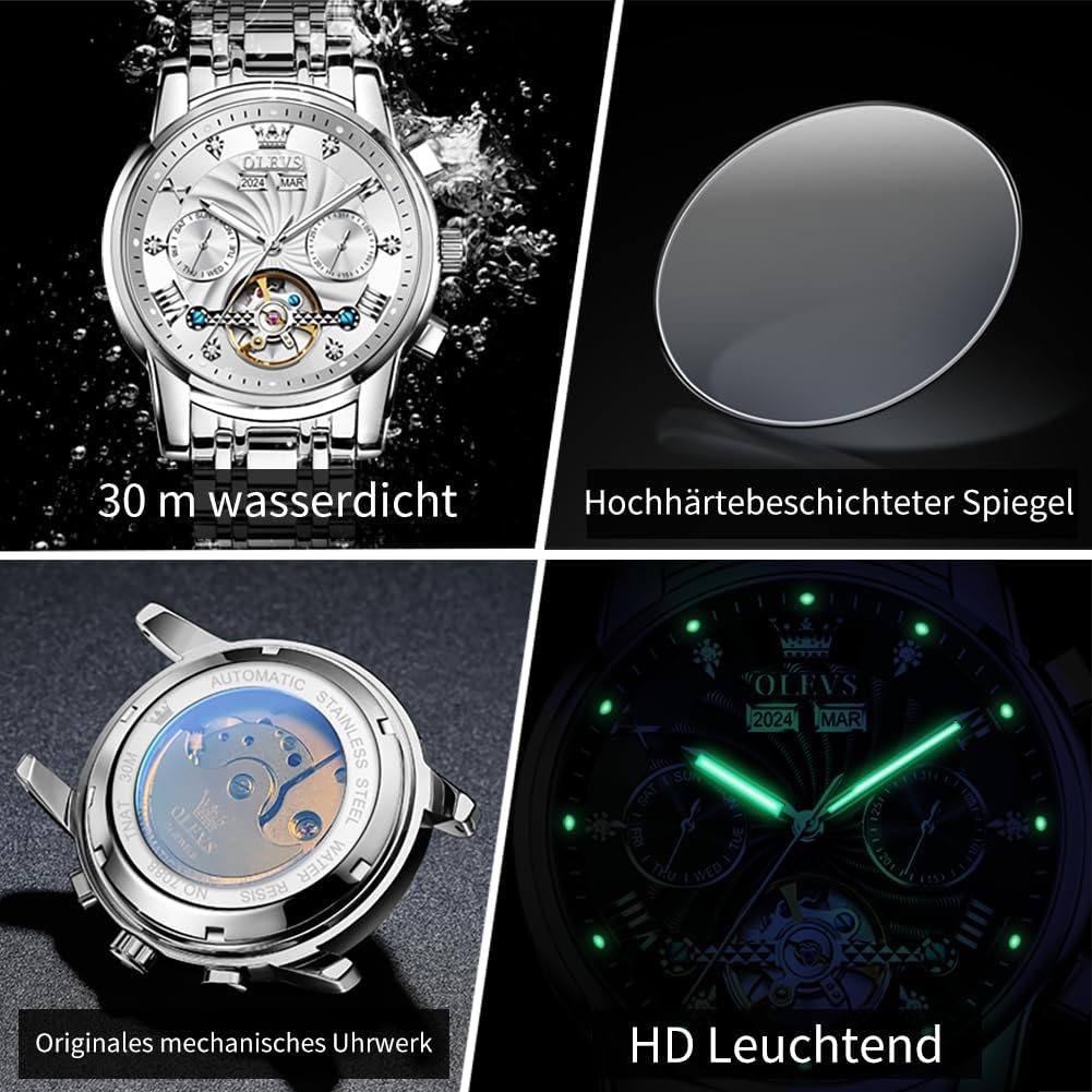 OLEVS Herrenuhren Automatik Mechanische Armbanduhr mit Tourbillon Kalender Wasserdicht Leuchtende Uhren Männer 7088 Alle Silber