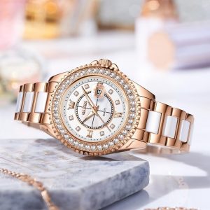 OLEVS Damen-Armbanduhr, goldfarben, Diamanten, Wolframstahl, luxuriös, klassisch, wasserdicht, Datumsanzeige, Geschenk 3685: Roségold