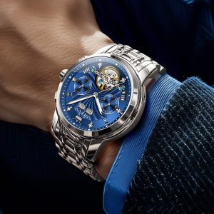 OLEVS Herrenuhren Automatik Mechanische Armbanduhr mit Tourbillon Kalender Wasserdicht Leuchtende Uhren Männer 7088 Silber/Blau