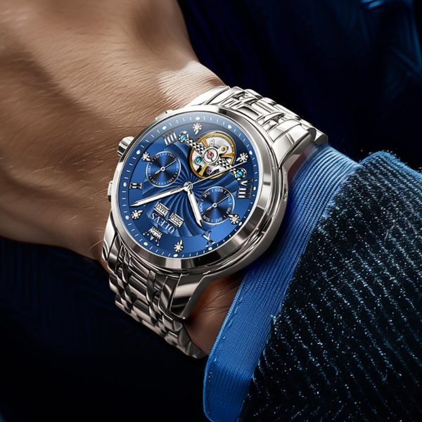 OLEVS Herrenuhren Automatik Mechanische Armbanduhr mit Tourbillon Kalender Wasserdicht Leuchtende Uhren Männer 7088 Silber/Blau
