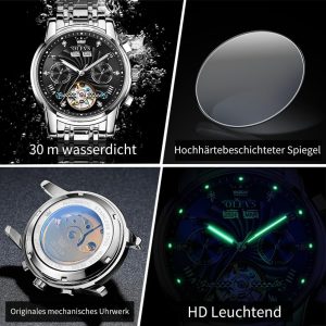 OLEVS Herrenuhren Automatik Mechanische Armbanduhr mit Tourbillon Kalender Wasserdicht Leuchtende Uhren Männer 7088 Silber/Schwarz