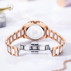 OLEVS Damen-Armbanduhr, goldfarben, Diamanten, Wolframstahl, luxuriös, klassisch, wasserdicht, Datumsanzeige, Geschenk 3685: Roségold