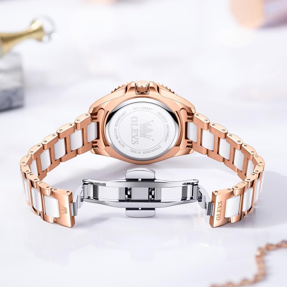 OLEVS Damen-Armbanduhr, goldfarben, Diamanten, Wolframstahl, luxuriös, klassisch, wasserdicht, Datumsanzeige, Geschenk 3685: Roségold