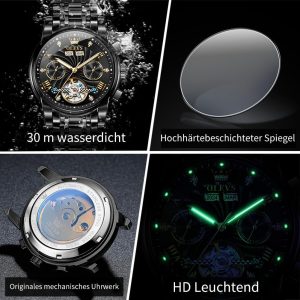 OLEVS Herrenuhren Automatik Mechanische Armbanduhr mit Tourbillon Kalender Wasserdicht Leuchtende Uhren Männer 7088 Alle Schwarz