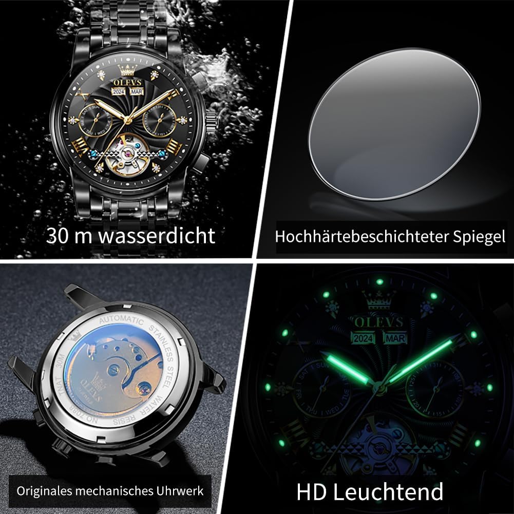 OLEVS Herrenuhren Automatik Mechanische Armbanduhr mit Tourbillon Kalender Wasserdicht Leuchtende Uhren Männer 7088 Alle Schwarz