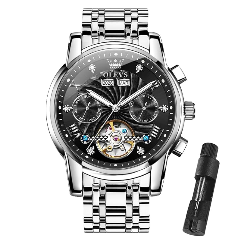OLEVS Herrenuhren Automatik Mechanische Armbanduhr mit Tourbillon Kalender Wasserdicht Leuchtende Uhren Männer 7088 Silber/Schwarz