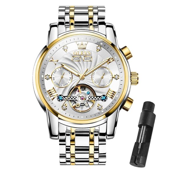 OLEVS Herrenuhren Automatik Mechanische Armbanduhr mit Tourbillon Kalender Wasserdicht Leuchtende Uhren Männer 7088 Gold/Silber/Weiß