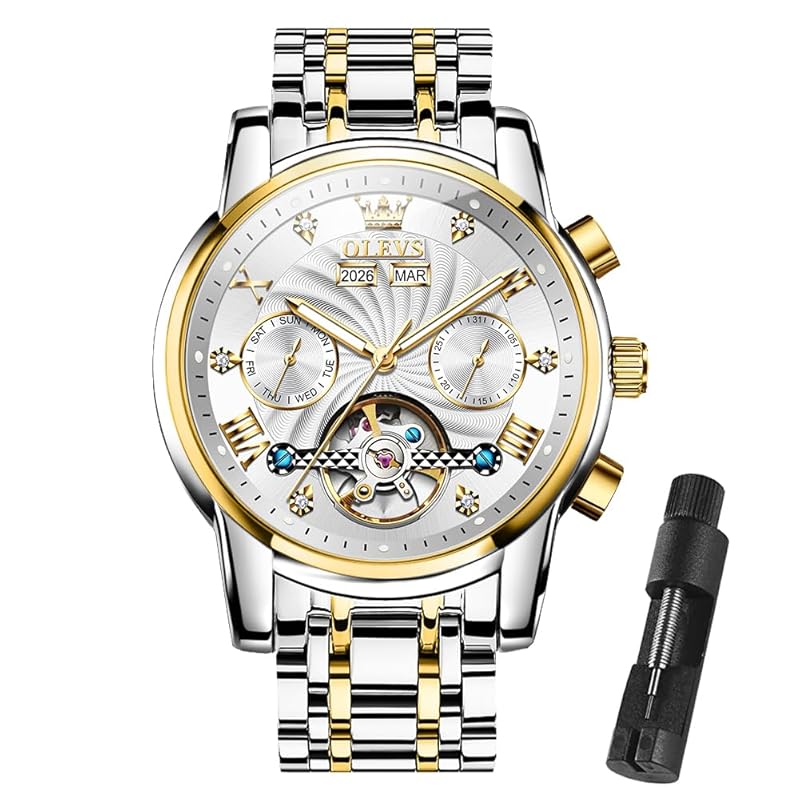 OLEVS Herrenuhren Automatik Mechanische Armbanduhr mit Tourbillon Kalender Wasserdicht Leuchtende Uhren Männer 7088 Gold/Silber/Weiß