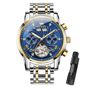 OLEVS Herrenuhren Automatik Mechanische Armbanduhr mit Tourbillon Kalender Wasserdicht Leuchtende Uhren Männer 7088 Gold/Silber/Blau
