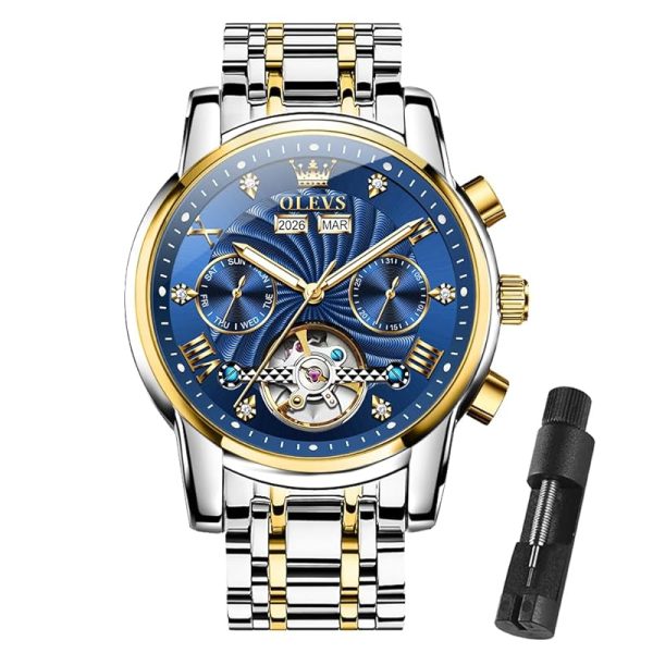OLEVS Herrenuhren Automatik Mechanische Armbanduhr mit Tourbillon Kalender Wasserdicht Leuchtende Uhren Männer 7088 Gold/Silber/Blau