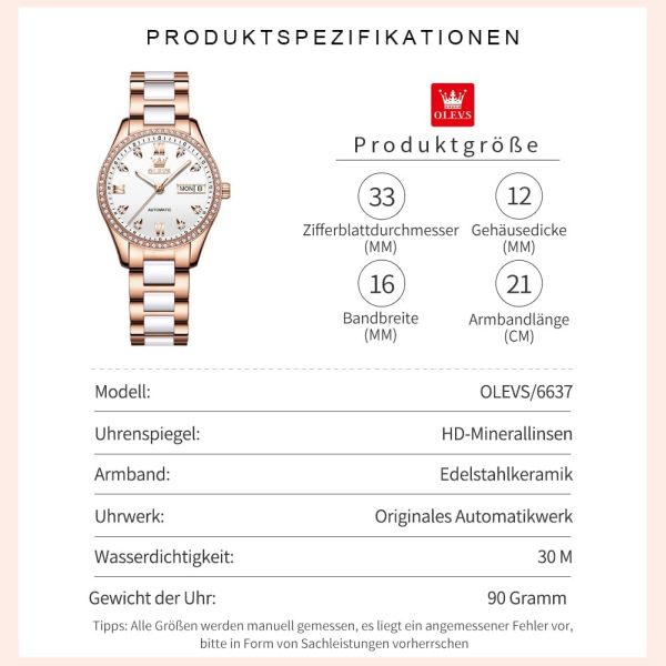 OLEVS Damen Automatikuhr Diamant Lünette modisch wasserdicht Kalender zweifarbig, Edelstahl Keramik Armband 6637: Silber, Gold/Weiß