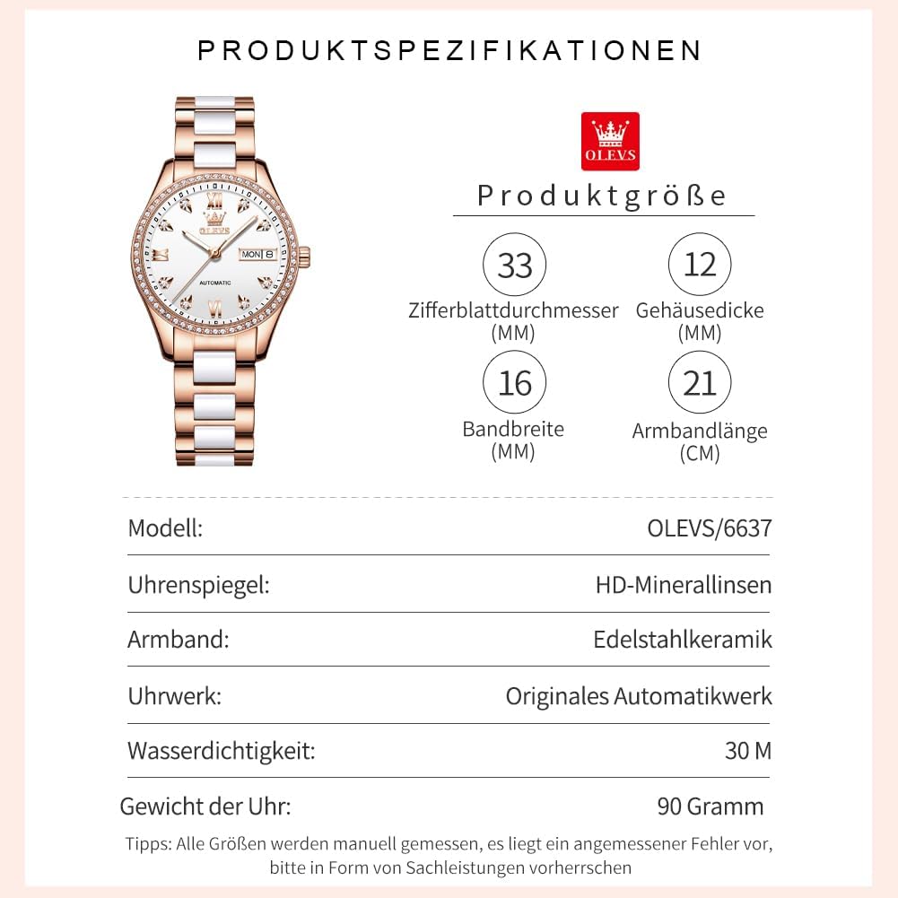 OLEVS Damen Automatikuhr Diamant Lünette modisch wasserdicht Kalender zweifarbig, Edelstahl Keramik Armband 6637: Silber, Gold/Weiß