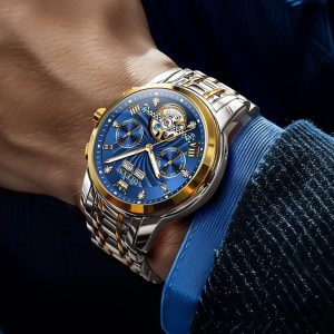 OLEVS Herrenuhren Automatik Mechanische Armbanduhr mit Tourbillon Kalender Wasserdicht Leuchtende Uhren Männer 7088 Gold/Silber/Blau