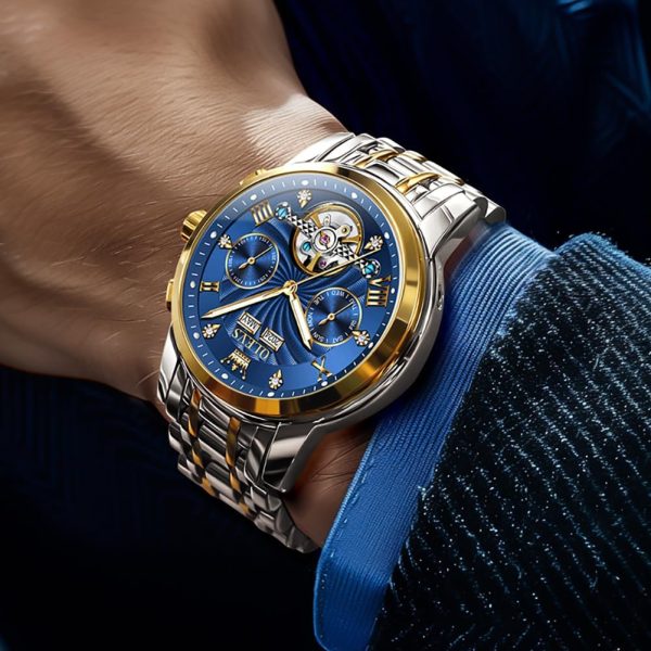 OLEVS Herrenuhren Automatik Mechanische Armbanduhr mit Tourbillon Kalender Wasserdicht Leuchtende Uhren Männer 7088 Gold/Silber/Blau