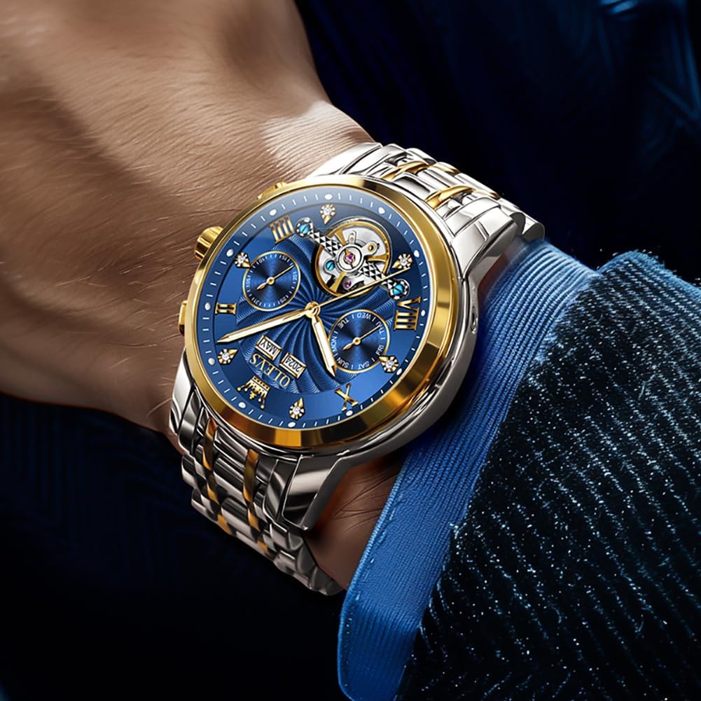 OLEVS Herrenuhren Automatik Mechanische Armbanduhr mit Tourbillon Kalender Wasserdicht Leuchtende Uhren Männer 7088 Gold/Silber/Blau