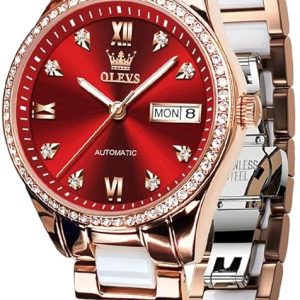 OLEVS Damen Automatikuhr Diamant Lünette modisch wasserdicht Kalender zweifarbig, Edelstahl Keramik Armband 6637: Silber Gold/Rot
