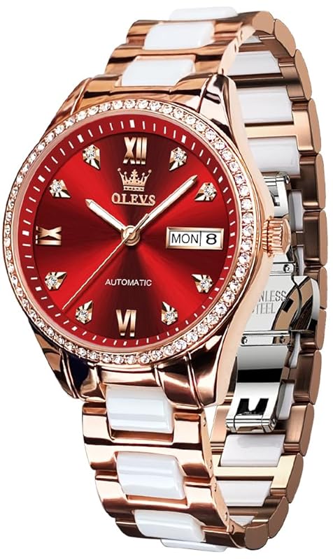 OLEVS Damen Automatikuhr Diamant Lünette modisch wasserdicht Kalender zweifarbig, Edelstahl Keramik Armband 6637: Silber Gold/Rot