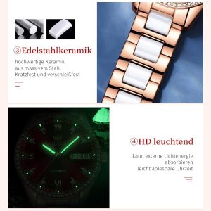 OLEVS Damen Automatikuhr Diamant Lünette modisch wasserdicht Kalender zweifarbig, Edelstahl Keramik Armband 6637: Silber Gold/Rot