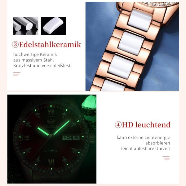 OLEVS Damen Automatikuhr Diamant Lünette modisch wasserdicht Kalender zweifarbig, Edelstahl Keramik Armband 6637: Silber Gold/Rot