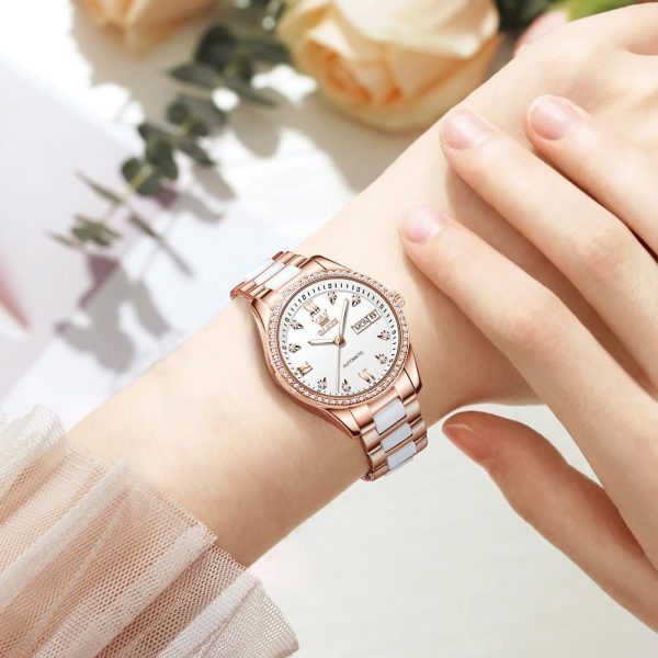 OLEVS Damen Automatikuhr Diamant Lünette modisch wasserdicht Kalender zweifarbig, Edelstahl Keramik Armband 6637: Silber, Gold/Weiß