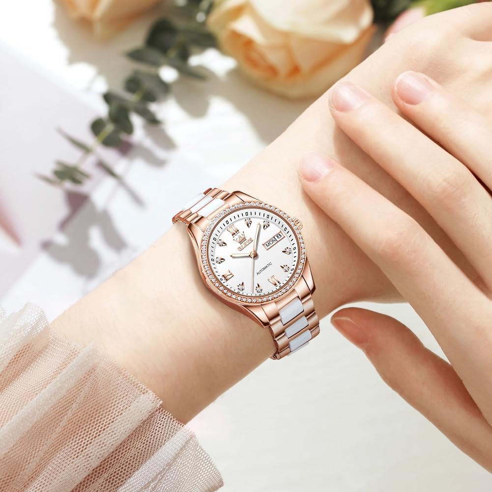 OLEVS Damen Automatikuhr Diamant Lünette modisch wasserdicht Kalender zweifarbig, Edelstahl Keramik Armband 6637: Silber, Gold/Weiß