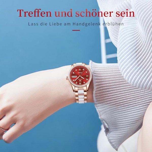 OLEVS Damen Automatikuhr Diamant Lünette modisch wasserdicht Kalender zweifarbig, Edelstahl Keramik Armband 6637: Silber Gold/Rot