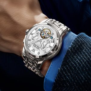 OLEVS Herrenuhren Automatik Mechanische Armbanduhr mit Tourbillon Kalender Wasserdicht Leuchtende Uhren Männer 7088 Alle Silber