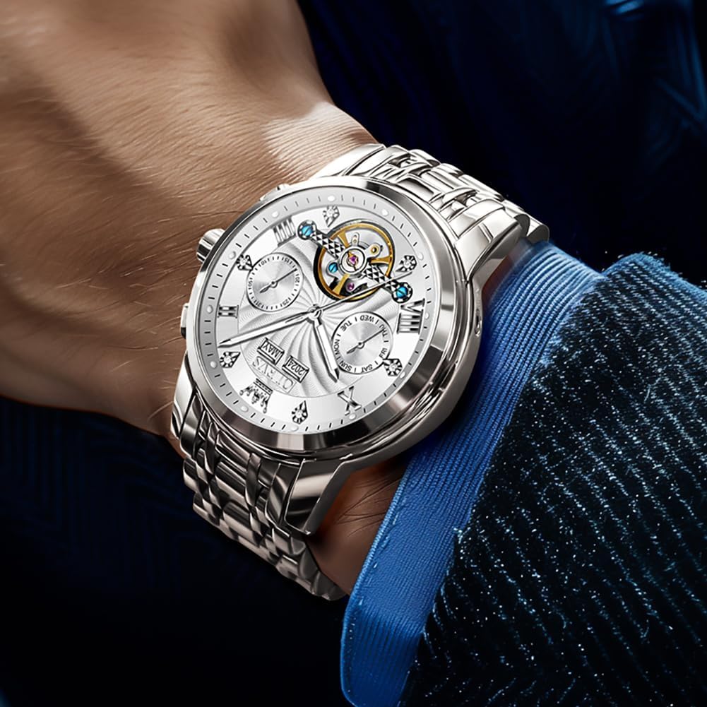 OLEVS Herrenuhren Automatik Mechanische Armbanduhr mit Tourbillon Kalender Wasserdicht Leuchtende Uhren Männer 7088 Alle Silber