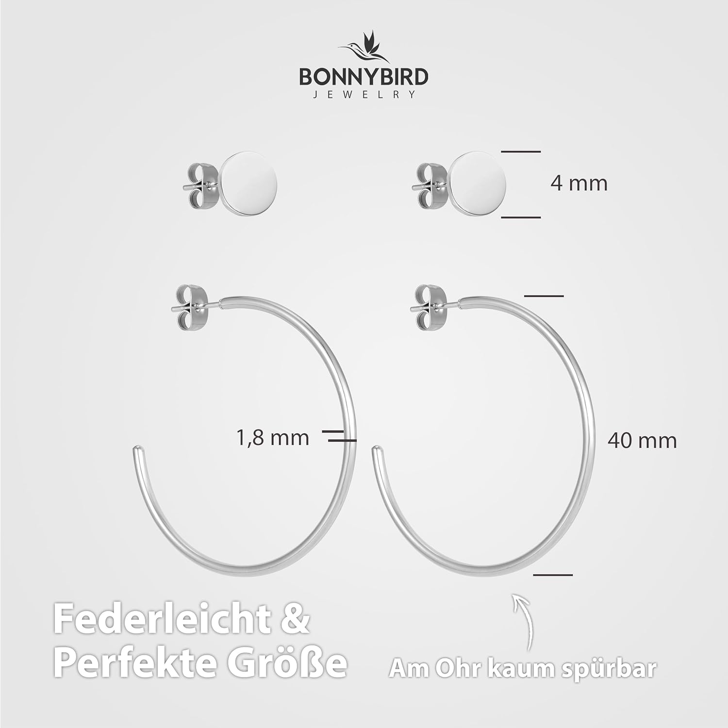 BONNYBIRD® Wasserfeste Große Edelstahl Creolen + Plättchen Ohrstecker Damen in Silber, Gold & Roségold, 100% Wasserfest, Leicht & Sehr Hautverträglich BonnyGrace BonnyGrace Silber