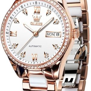 OLEVS Damen Automatikuhr Diamant Lünette modisch wasserdicht Kalender zweifarbig, Edelstahl Keramik Armband 6637: Silber, Gold/Weiß