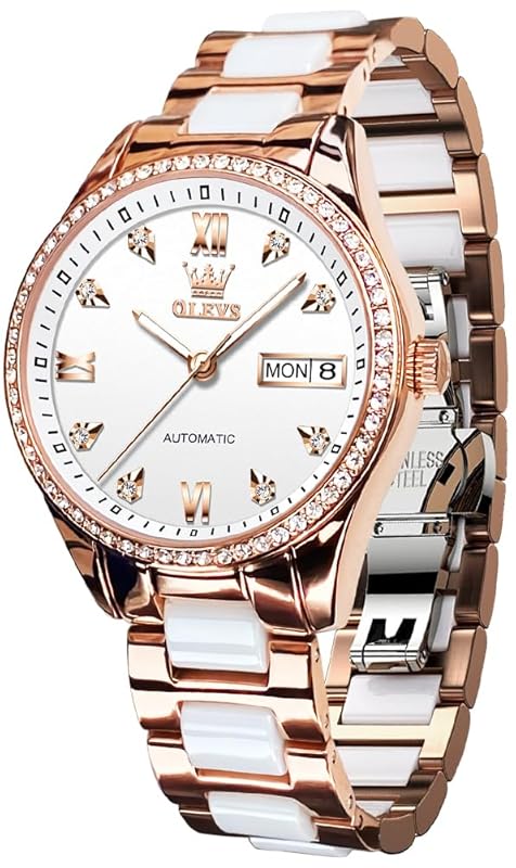 OLEVS Damen Automatikuhr Diamant Lünette modisch wasserdicht Kalender zweifarbig, Edelstahl Keramik Armband 6637: Silber, Gold/Weiß