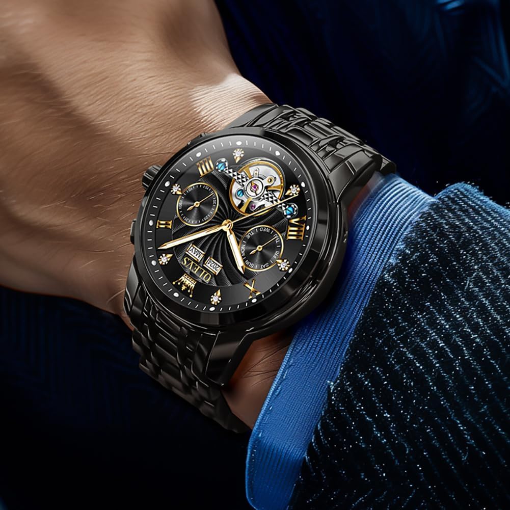 OLEVS Herrenuhren Automatik Mechanische Armbanduhr mit Tourbillon Kalender Wasserdicht Leuchtende Uhren Männer 7088 Alle Schwarz