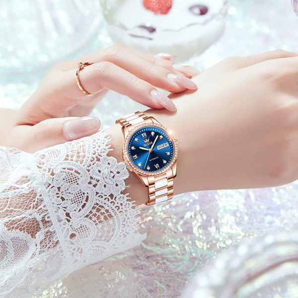OLEVS Damen Automatikuhr Diamant Lünette modisch wasserdicht Kalender zweifarbig, Edelstahl Keramik Armband 6637: Silber Gold/Blau