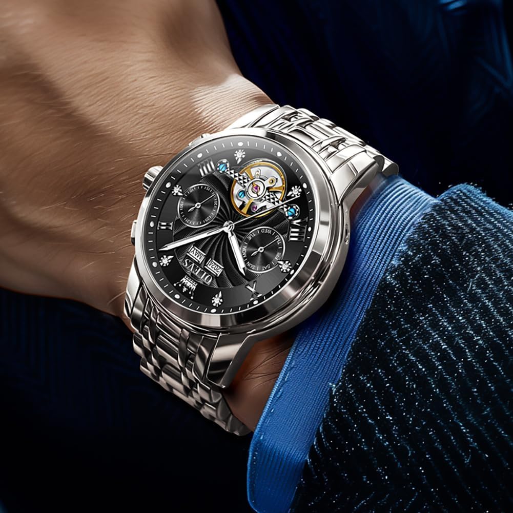 OLEVS Herrenuhren Automatik Mechanische Armbanduhr mit Tourbillon Kalender Wasserdicht Leuchtende Uhren Männer 7088 Silber/Schwarz