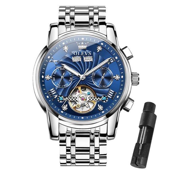 OLEVS Herrenuhren Automatik Mechanische Armbanduhr mit Tourbillon Kalender Wasserdicht Leuchtende Uhren Männer 7088 Silber/Blau