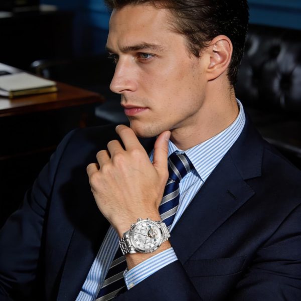 OLEVS Herrenuhren Automatik Mechanische Armbanduhr mit Tourbillon Kalender Wasserdicht Leuchtende Uhren Männer 7088 Alle Silber