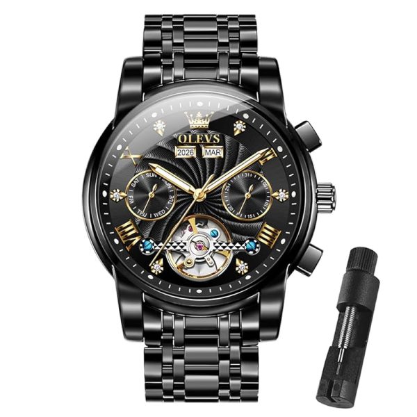 OLEVS Herrenuhren Automatik Mechanische Armbanduhr mit Tourbillon Kalender Wasserdicht Leuchtende Uhren Männer 7088 Alle Schwarz