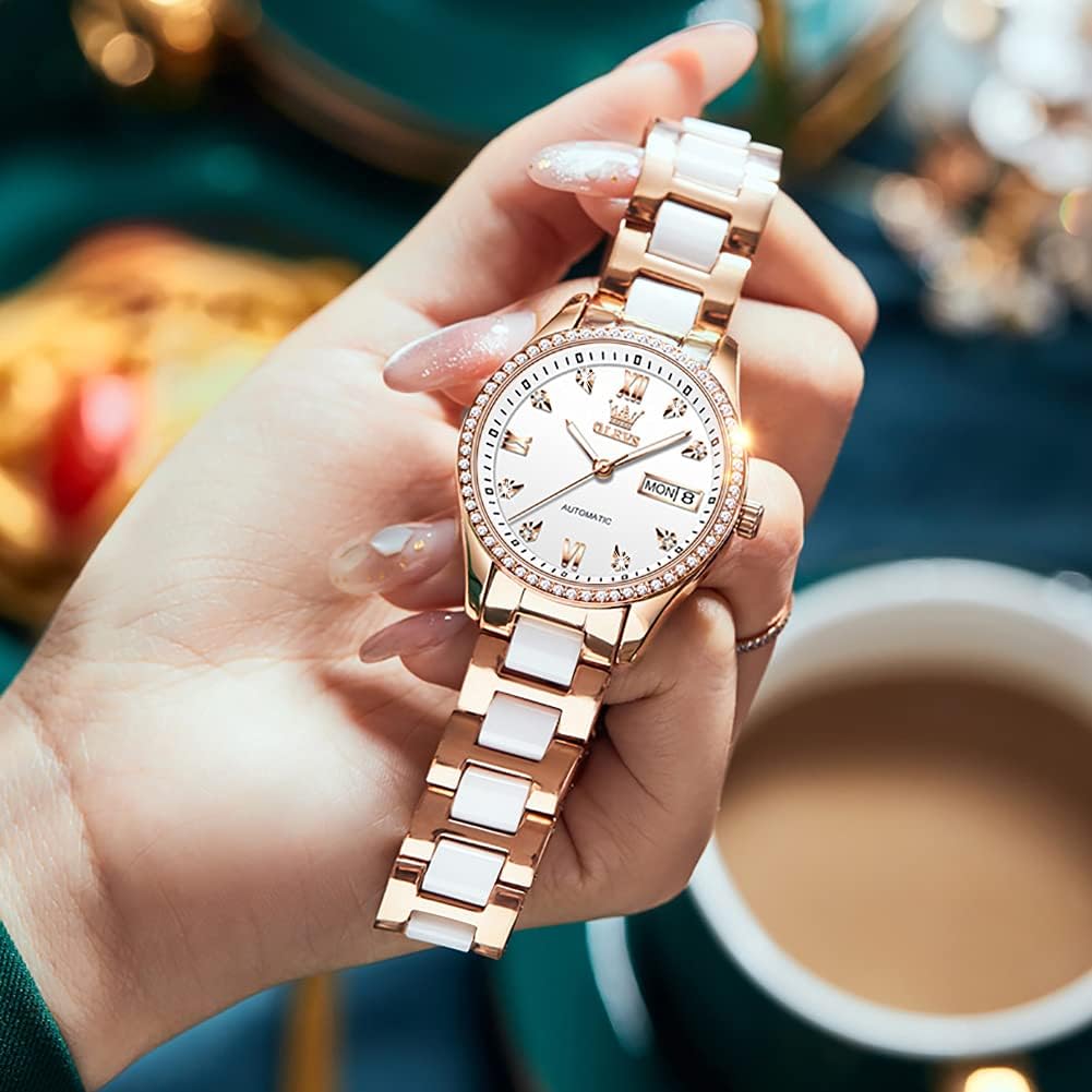 OLEVS Damen Automatikuhr Diamant Lünette modisch wasserdicht Kalender zweifarbig, Edelstahl Keramik Armband 6637: Silber, Gold/Weiß