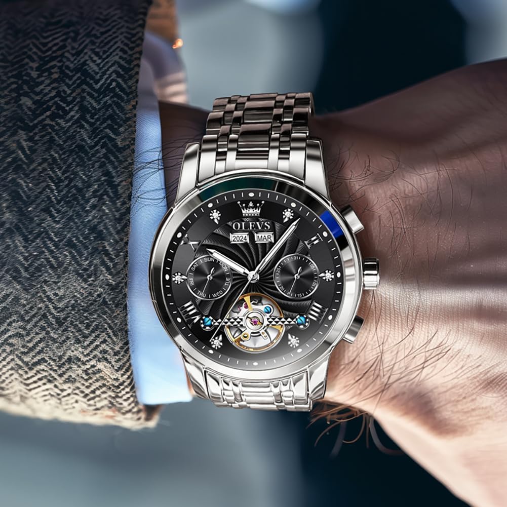 OLEVS Herrenuhren Automatik Mechanische Armbanduhr mit Tourbillon Kalender Wasserdicht Leuchtende Uhren Männer 7088 Silber/Schwarz