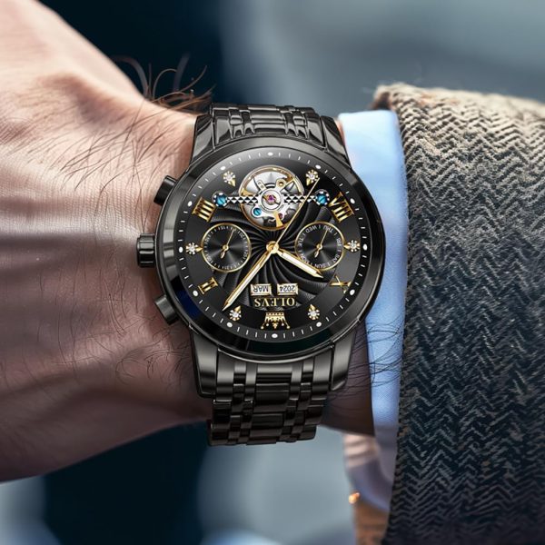 OLEVS Herrenuhren Automatik Mechanische Armbanduhr mit Tourbillon Kalender Wasserdicht Leuchtende Uhren Männer 7088 Alle Schwarz