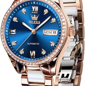 OLEVS Damen Automatikuhr Diamant Lünette modisch wasserdicht Kalender zweifarbig, Edelstahl Keramik Armband 6637: Silber Gold/Blau