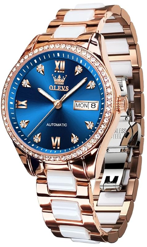 OLEVS Damen Automatikuhr Diamant Lünette modisch wasserdicht Kalender zweifarbig, Edelstahl Keramik Armband 6637: Silber Gold/Blau